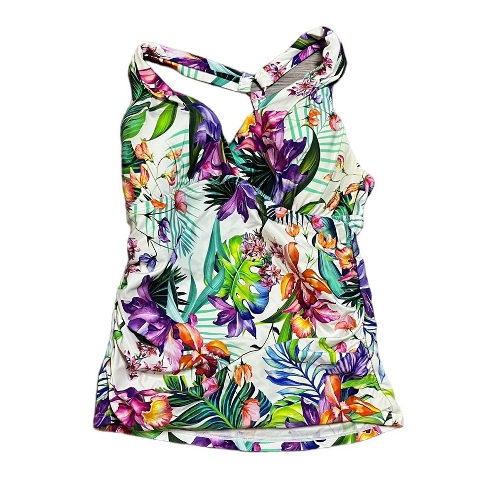 La Blanca Womens Floral Tankini Padded Ruching Adjustable Straps Size 4